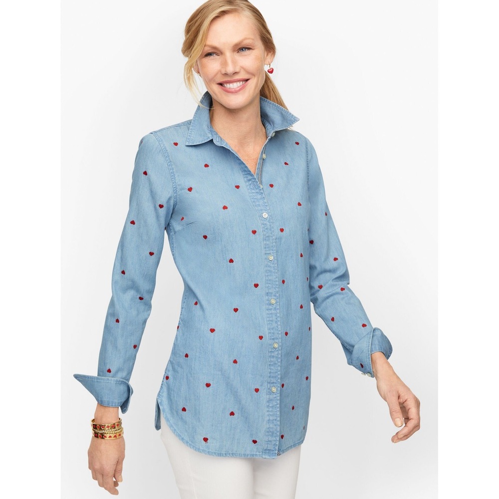 Talbots Womens Small Chambray Button Up Shirt Red Heart Embroidered Coquette